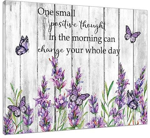 Purple Lavender Wall Art For Bathroom Inspirational Quotes and Vintage Butterfly Abstract Canvas Wall Art Country Plant Flower Wall Pictures For Living Room Bedroom Office Ready To Hang,16x12 Inch