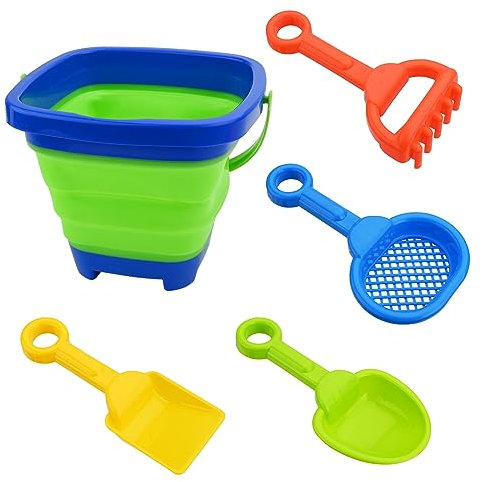 Bekecidi 5 Stück Spielzeug Silikon Klappbarer Eimer Sand Schaufel Einfaches Tragen Sandspielzeug Set Strandspielzeug Strand-Klapp-Eimer*1+Sandschaufel*3