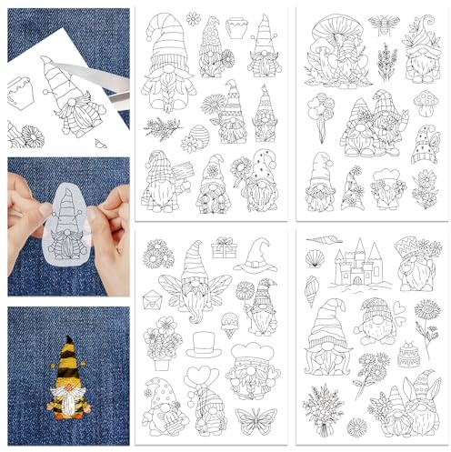 GLOBLELAND 4 fogli 50 pezzi Gnomi Stick e Stitch Stabilizzatore Idrosolubile per Ricamo Adesivo Stabilizzatori per Cucito A Mano Tessuti Non Tessuti Aiuto per Disegno Schizzo 11.7x8.3 pollici