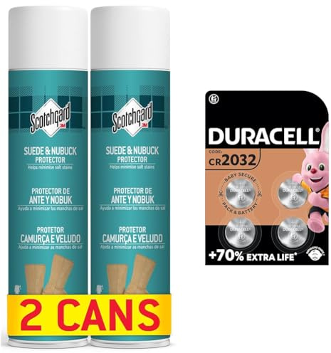 Scotchgard Suede & Nubuck Protector, 2 Cans x 400ml each - Water Repellent Spray & DURACELL 2032 Lithium Coin Batteries 3V (4 Pack) - Up to 70% Extra Life - Baby Secure Technology