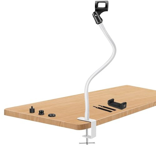 Prizmora Gooseneck White Microphone Stand Desk Mic Stand Arm Long 20.5'' Sturdy Adjustable Microphone Holder Clip On Mic Holder Flexible Mike Stand Clamp Podium Mic Stand For Podcast Mount Traveling
