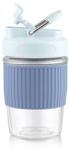 Sivaphe Reusable Glass Coffee Cup | 12oz/350ml Leakproof Travel Mug with Portable Metal Handle,Blue| Borosilicate Glass,Eco-Friendly,BPA-Free|Camping,Gifts,Car Mug,School