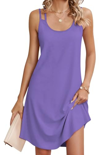 Chicrise Vestido Playa Mujer Sin Mangas Básica Vestido Midi Suelto Color Sólido Sencillo Vestido Tirantes Lila Extra Large 46-48