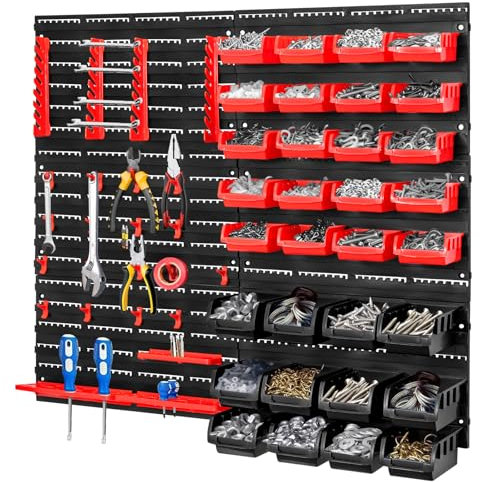 CROWNSHOP 70 PCS Wall Mounted Storage Bins Kit 64 * 41cm Garage Boxes Plastic Rack Parts Organiser Utility Kit With Stackable Boxes for Garage Workshop (70Pcs Red+Black)