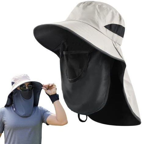 Sombreros para el Sol Transpirable ala Ancha, Sombrero Pescador Hombre con Máscara Facial de Malla Desmontable Gorra Pesca con Protector Cuello Gorros de Pescador Plegable, Trekking Senderismo