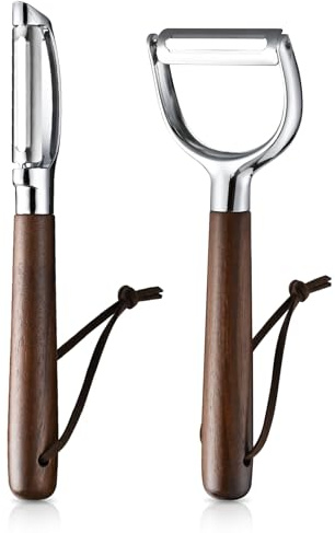 Ugotit Fruit Vegetable Peeler Set for Kitchen, Stainless Steel Potato Peelers Ultra Sharp Swivel Blade, Premium Real Wood Handle Leather Strap (Y&I Shaped)