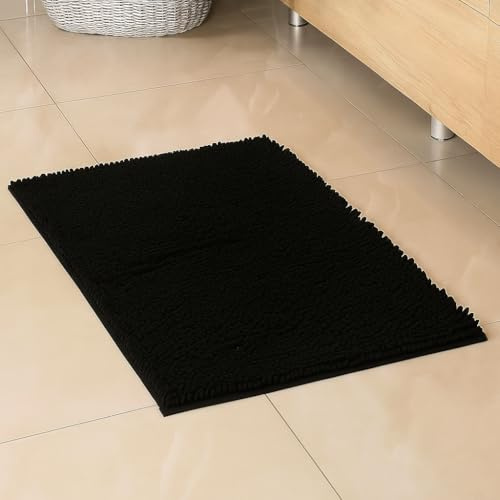 Comfort Collections Loop Bath Mat – Soft Absorbent Chenille Rug for Bathroom Floor, Non-Slip Backing, Quick Dry – 45x60cm & 50x80cm – (Black, 50cm x 80cm)