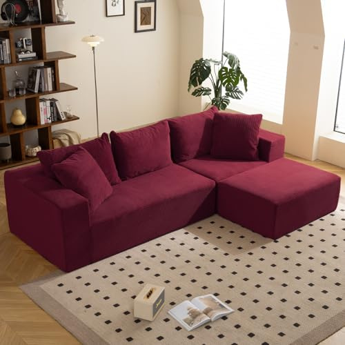 108 L-Shaped Boneless Couch, Modular Sectional Sofa with Moveable Ottoman, Corduroy Cloud Couches for Living Room, No Assembly, Ship in a Box, Red
