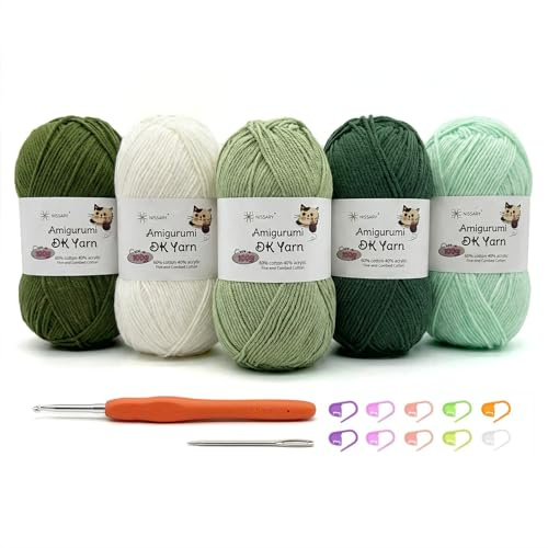 Nissary Crochet Yarn 5x100g, Yarn for Crocheting & Knitting, 60% Cotton + 40% Acrylic, Crochet Wool DK for Beginners with 2.5 mm Hook and Accessories, Perfect for Amigurumi and Craft Green