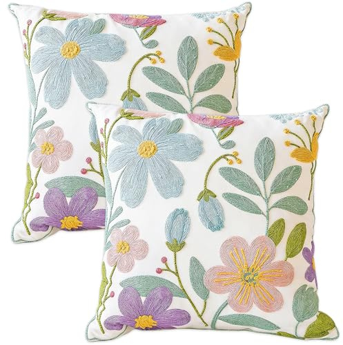 VEEKAY 2er Set 45x45cm Kissenbezug Bestickte,Stickerei Bunte Blumen Kissenhüllen,Zierkissenbezug,Dekokissen Kissenbezüge,für Sofa Schlafzimmer Couch Kissen
