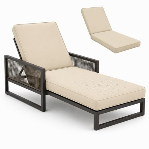 AZMAHT Coussin Bain De Soleil Coussin Chaise Exterieur, Matelas Bain De Soleil Épais avec Sangles, Coussin Transat Hydrofuge Confortable pour Fauteuil De Terrasse Piscine,Offwhite,183x53x6cm