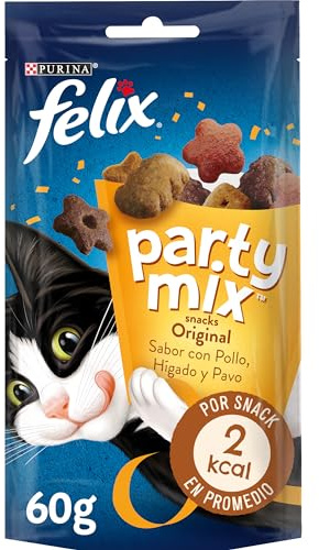 FELIX Party Mix Snack per Gatti Adulti - Croccantini con Pollo, Fegato e Tacchino, 8 Confezioni da 60 g, Forme Divertenti e Aromi Sfiziosi