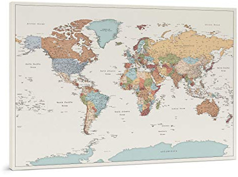 Trip map - Weltkarte Pinnwand - Leinwand mit Pins - Kork Zum Markieren - Kunstdruck auf Echtholz Keilrahmen - 3 Größen zur Auswahl (M; L; XL) - Bunte Farben