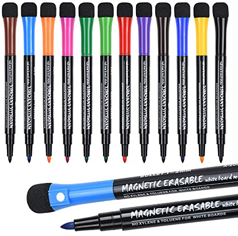 Vicloon Marcadores de Pizarra Blanca Magnetica, 12 Piezas Rotuladores con Borrador, sin Perfume Secado Rápido para Material Hogar Escolar y de Oficina para Adulto y Niño 12 Colori Punta 1,5mm