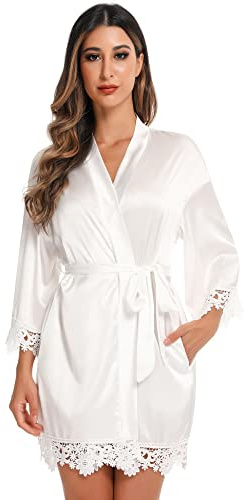 RSLOVE Robe Chemise de Nuit en Dentelle pour Femmes Kimono en Satin Rob de Mariée pour Mariagee Blanc S