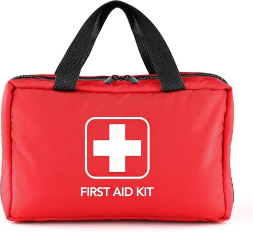 220 Piece First Aid Kit, Includes Emergency Foil Blanket, Scissors and Bandage, for Car, Travel, Home, Workplace, Camping, Hiking,Outdoor and Sports（Red）