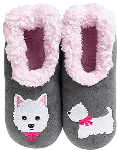 Snoozies! Pairables Westie Dog, Super Soft Sherpa Fleece Womens Slippers, Non Slip Sole - Ladies Sizes 3-7 (medium)