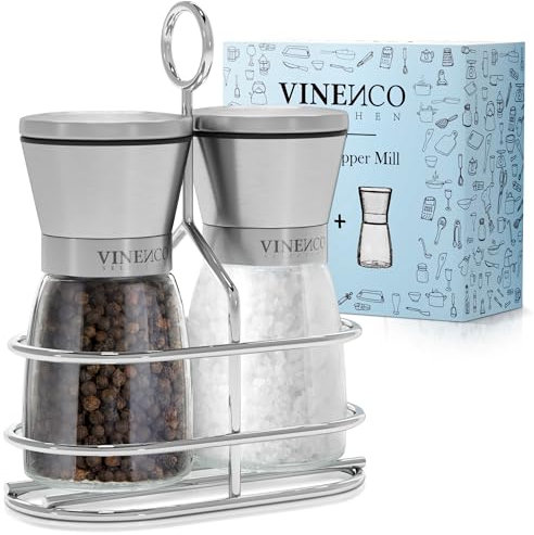 Macina Pepe Sale e Spezie Professionale + Macinatrice di Ceramica qualità, Regolabile Grosso Fino | Set (2 Pezzi) Macinino Manuale - Macinapepe + Macinasale in Inox + Vetro, Saliera Pepiera Acciaio…