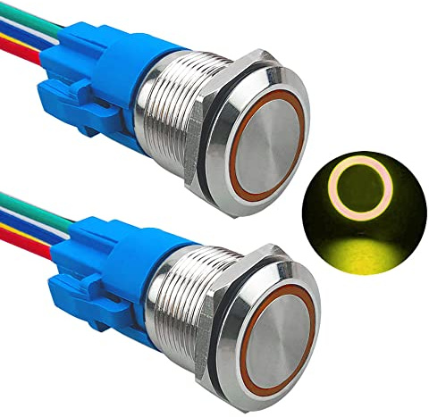 Aiqeer 2 stycken 19 mm tillfällig tryckbrytare, 12 V/24 V 5 A automatisk tändning startbrytare, IP67 vattentät tryckbrytare i rostfritt stål, med förkopplat uttag (gul LED)