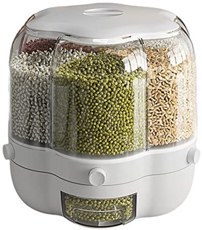 Lebensmittelspender, Lebensmittelkörner-Aufbewahrungsbehälter, große Kapazität, 6,5L 6 Fächer, drehbarer Reisspender, versiegelte Körnung, Lebensmittelaufbewahrungsbox, Küchenaufbewahrungseimer
