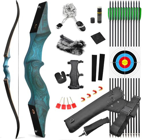 SHARROW 60 Zoll Bogenschießen Takedown Recurve Bogen und Pfeile Set Traditioneller Jagdbogen Erwachsener Holz Bogen Griff 20-60lbs Longbogen für Rechtshand Bogensport (25lbs, Blau Set)