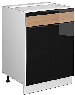 Vicco Küchenunterschrank Fame-Line, Schwarz-Eiche Hochglanz/Weiß, 60 cm mit Schublade, ohne Arbeitsplatte