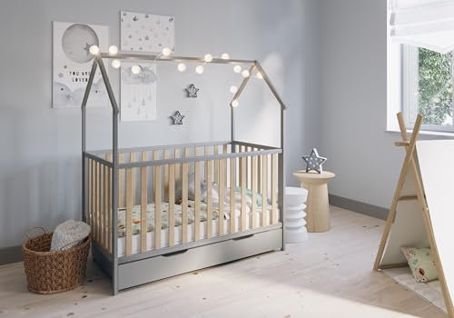 FabiMax Kinderbett Hausbett Schlafmütze, 70x140 cm, aus Kiefernholz grau/Natur lackiert, mit Schublade