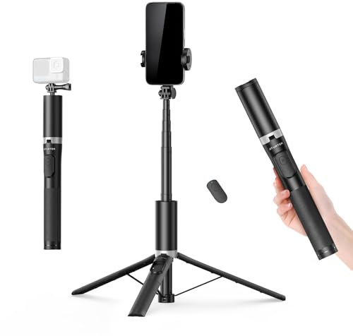ATUMTEK 160cm Perche a Selfie, Selfie Stick Trépied avec Télécommande pour iPhone, Smartphones Android et Caméras d'action, Trépied Téléphone en Aluminium avec 2 Cold Shoe pour Lumière et Mic, Noir