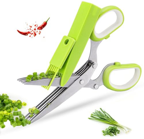 Kisuomaoyi Herb Scissors, Multifunctional 5 Blade Kitchen Scissors with Lid and Cleanup Comb, Stainless Steel Shears for Chopping Chives and Parsley (Green&White)