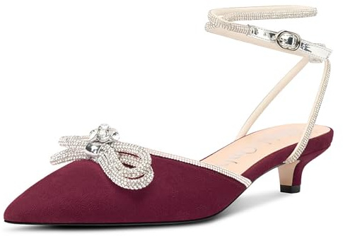 NobleOnly Femmes Diamant Nœud Papillon Escarpins Kitten Talon Heel Fermé Pointu Bout Lanières Cheville Escarpins Mariage Dress Chaussures 3.5 CM Heels Rouge Vin 41 EU