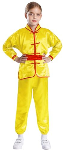 Yeahdor Kinder Mädchen Kung Fu Uniform Langarm Kung Fu Oberteile Mit Wushu Hose + Gürtel Chinesische Kampfsport Bekleidung Sets Gelb 98-104