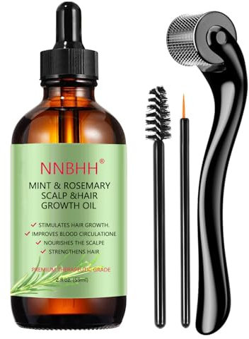 Menthe poivrée Huile essentielle de Romarin et Derma Roller 0.5mm pour la croissance des cheveux, les soins de la peau, la croissance des sourcils et des cils pour