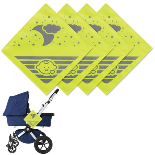 4 Stück Kinderwagen Reflektoren, Universal Sicherheits Reflektoren, Wolken Mond Sterne Motiv, Neon Gelb, geeignet für alle Kinderwagen, Rucksäcke, Fahrräder, Rollstühle, Anhänger und mehr