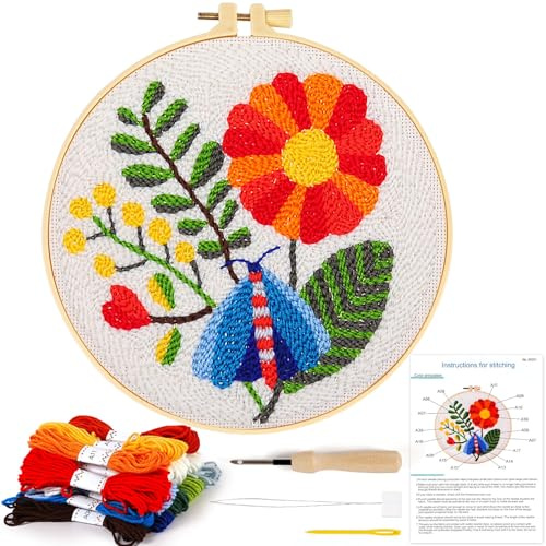 Kit d'aiguilles à broder avec enfile-aiguille à broder en forme de fleur et libellule pour enfants et adultes débutants avec enfile-aiguille d'instructions (français non garanti), fils et cerceau