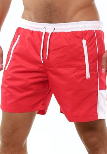 Reslad badbyxor herr snabbtorkande – badshorts för män med dragkedja fickor korta shorts för strand och surfare I perfekt som simbyxor och badbyxor RS-5015, Rödvit, M