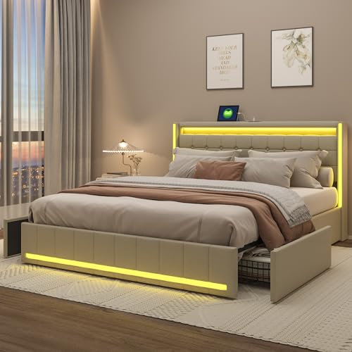 Callicarpa - Cama tapizada 140x200 cm con LED y USB, cama de matrimonio con 4 cajones, cama boxspring con espacio de almacenamiento y somier, cama juvenil con respaldo, estructura de cama, sin colchón