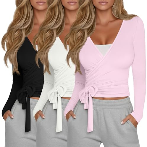 Oakgarden 3 Pack Women's Tie Wrap Tops, Long Sleeve Workout Ballet Yoga Pilates Shirts Deep V Neck Tie Front Y2k Blouses(Black, Beige White, Pink,Medium)