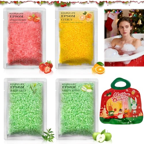 Natale Set Sali da Bagno, con Quattro fragranze Sali da Bagno + Sacchetti regalo di Natale richiudibili, deale per Dormire Bene - Antistress, Il regalo di Natale ideale per la famiglia e gli amici