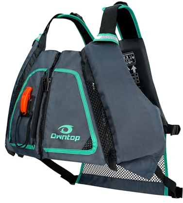 Owntop Aiuto al Galleggiamento per Adulti | Giubbotto Galleggiante Regolabile con Schiena in Rete, Fischietto e Tasche Grandi | Gilet Sportivo per Kayak, Pesca, Barca (Verde,XL-XXL)