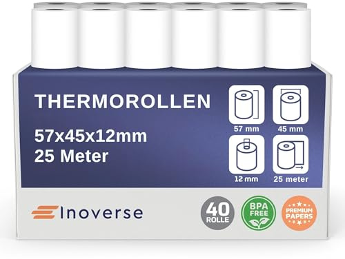 Inoverse 40 rullar EC-Cash termopappersrullar 57 mm x 45 mm x 12 mm 25 m - kvittorullar termopapper BPA-fritt kompatibelt med kvittskrivare kassasystem EC-enhet bankomat