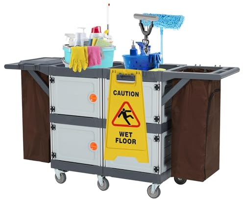 Carrello Pulizie Professionale,Carrello Per Pulizie Commerciali Di Hotel e Ospedali Con Armadietti Ripiani,Carrelli Multiuso Per Pulizia Con 6 Ruote e Sacco in Vinile Per Ufficio, Hotel, Capacità 300