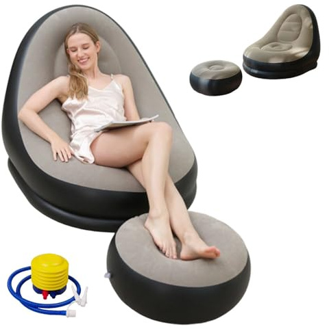 JOAASU Inflatable Lounge Chair for Adults with Footstool, 2-Piece Flocked Blow Up Sofa Set, Portable Air Couch for Indoor Outdoor Camping Gaming, Comfortable Recliner with Pump for Home Garden, Coffee