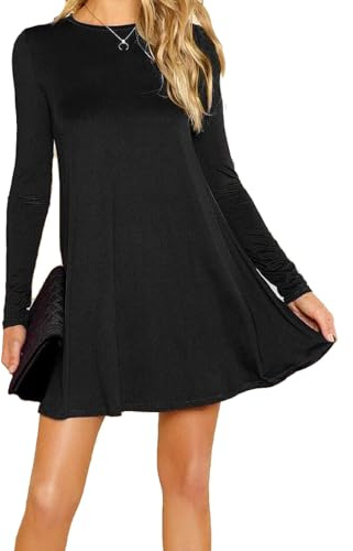 Womens Ladies Party Dresses for Women UK Long Sleeve Midi Plain Flared A line Skater Swing Dress Jersey Tee Plus Size Dress Summer Winter Black 16-18