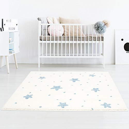 Taracarpet Kinderzimmer Teppich Dreamland kleine kleine Sterne und passende Punkte Creme Blau 120x120 cm
