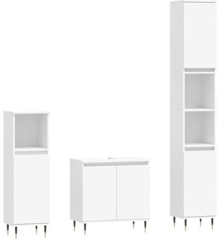 Foknhdi Juego de muebles de baño de 3 piezas, color blanco, conjunto de armario de baño compuesto por armario bajo lavabo y dos armarios de pie, muebles de baño de madera con patas de metal, diseño