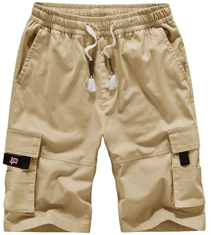APTRO Short cargo pour homme - En coton noir - Style décontracté - Plusieurs poches - Longueur au genou - Élastique