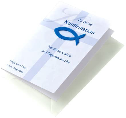 Perleberg Karte zur Konfirmation - Basic Classic Collection - Glückwunschkarte Konfirmation mit Fisch-Applikation & Kreuz - Konfirmationskarte mit farblich passendem Umschlag in 11,6 x 16,6 cm