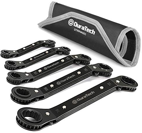 DURATECH 5 Pc Double Offset Box End Reversible Ratcheting Wrench Set, SAE, Heavy-duty, Matte Chrome Plated, Ratchet Spanner Crooked for Narrow Spaces (1/4-7/8 inch)