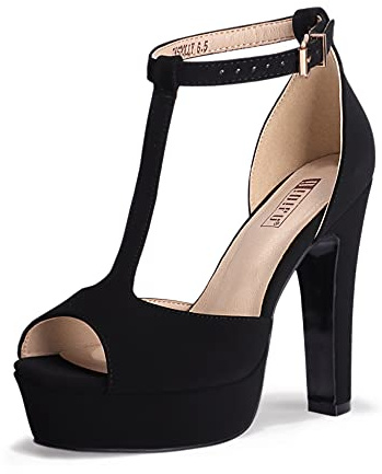 IDIFU Women's IN5 Polly Platform Chunky High Heels T-Strap Sexy Sandals Peep Toe Wedding Party Prom Dress Shoes for Women Bride (Black Nubuck, 8.5 M US)