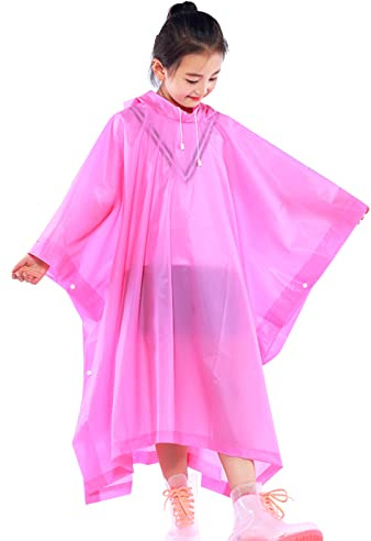 Imperméable Poncho Pluie Enfant, Réutilisable EVA Manteau de Pluie avec Capuchon Boutons pour Garçons Filles, Pliable Transparent Cape de Pluie pour L'école Voyage Randonnée Cyclisme (Rose Rouge)